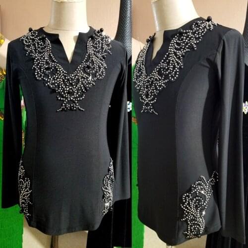 Latin Dance Tops Male Adult Performance Costume Lace Rhinestone Ballroom Latin Competition Wear Black Shirt Long Sleeves VDB2591