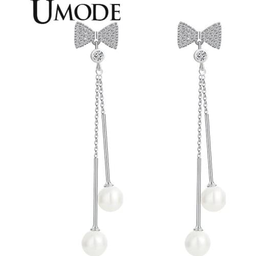 UMODE New Clear Zircon White Pearl Bowkont Drop Earring for Women New White Gold CZ Crystal Jewelry Long Drop Chain AUE0472