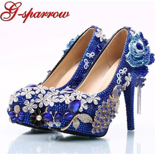 Gorgeous Royal Blue Wedding Shoes Rose Flower Crystal Party Prom High Heels Handmade Bride Pumps Plus Size 34-45 8cm 11cm 14cm
