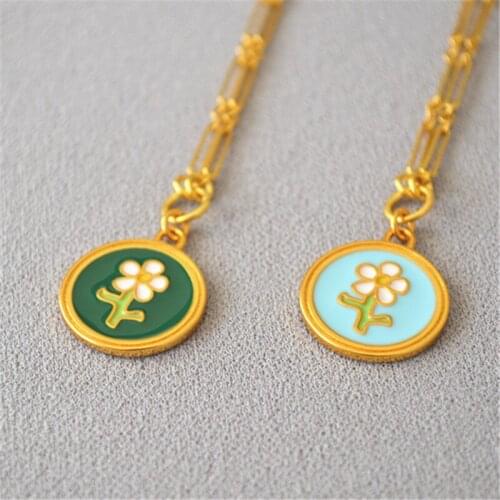 Amaiyllis Vintage Golden Handmade Enamel Fresh Flower Necklace Snakeskin Chain Drawstring Adjustable Enamel Flower Bracelet