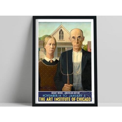 Vintage American Exhibition Poster, Grant Wood American Gothic Canvas Painting, Impressionism Regionalism Art Home Wall Decor