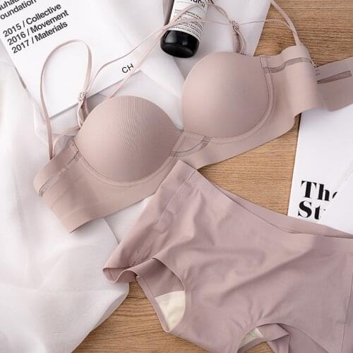 Wriufred Simple glossy no steel ring lingerie tube top detachable shoulder strap underwear sets half cup gathered thin bra set