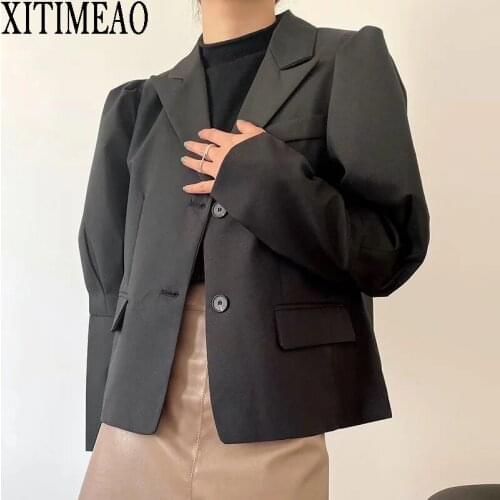 XITIMEAO Women 2021 Fashion Casual Wear Single Breasted Blazers Coat Vintage Puff Sleeve Female Loose Short Outerwear Chic Tops