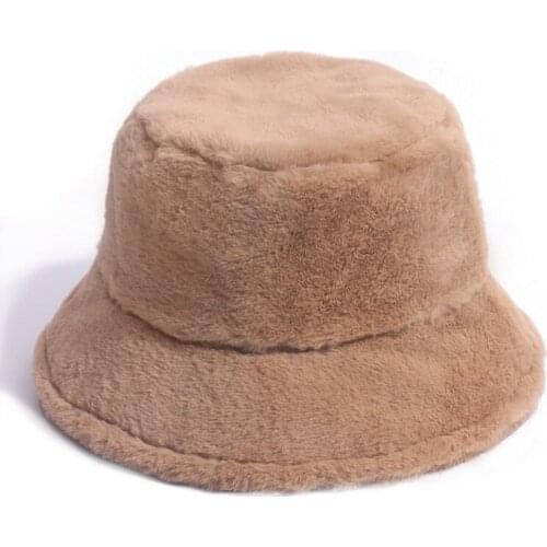 Winter Outdoor Vacation Lady Panama Black Solid Thickened Soft Warm Fishing Cap Faux Fur Rabbit Bucket Hat Women Hairy Leopard