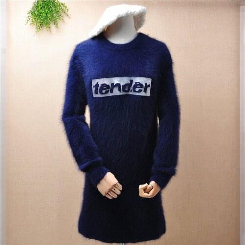 Ladies women fashion long cute letters mink cashmere knitted slim pullover angora rabbit fur winter jumper dress sweater tops