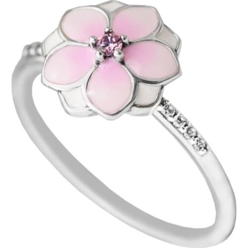 Magnolia Bloom Pink CZ Women Rings Jewelry Spring 925 Sterling Silver Ring Jewelry Pink Enamel Flower Girl Ring Jewelry Gifts
