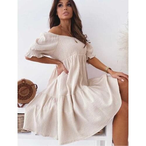 Summer Women Slash Neck Pleated Short Sleeve Solid Loose Mini Dress Casual Women Party Short Backless Party Dresses WDC7991