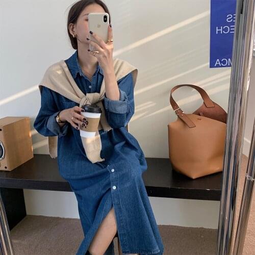 2020 Women Autumn Brief Casual Denim Long Shirt Dress Cotton Single Breasted Loose Straight Midi Dresses