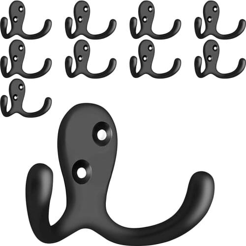 10 Pack Double Prong Robe Towel Hooks Wall Hooks for Towels Towel Hanger Towel Holder, Bathroom Accessories Black