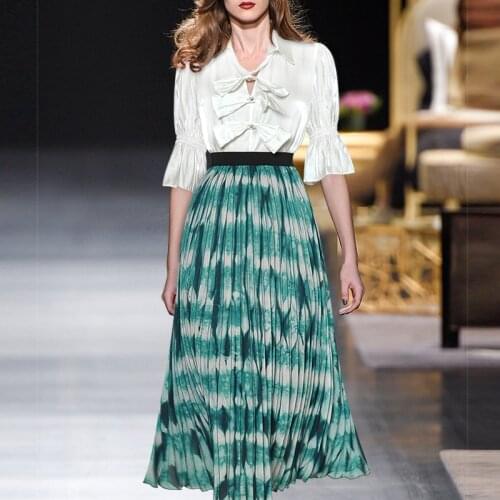 2021 Summer Skirt Set Women Runway New White Bow Shirt +High Waist Printed Pleated Skirt Two Pieces Set