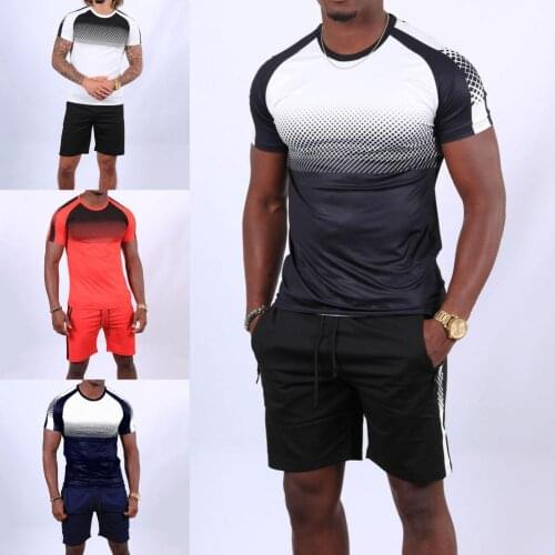 50% Hot Sales!! Tracksuit Gradient Print Drawstring Men Short Sleeve Round Neck T-shirt Shorts Set for Sports