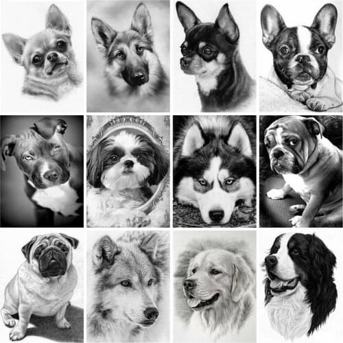 Huacan 5D Diamond Painting With Square Rhinestones Dog Black And White Mosaic Diamond Embroidery Set Animal Home Decoration