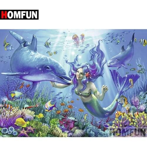 HOMFUN Full Drill Diamond Painting "Mermaid Dolphin" DIY Picture Of Rhinestone 5D Diamond Embroidery Cross Stitch Decor A09464