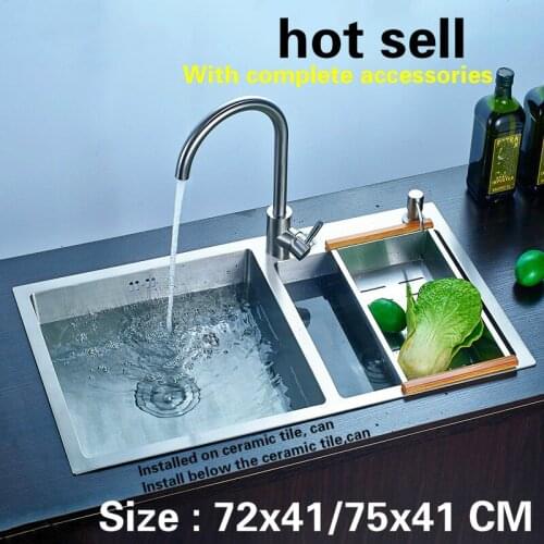 Free shipping kitchen sink durable double trough 304 stainless steel hand made hot sell 72x41/75x41 CM