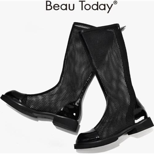 BeauToday Long Boots Summer Women Mesh Genuine leather Round Toe Back Zipper Hollow Knee High Ladies Flat Shoes Handmade 07502