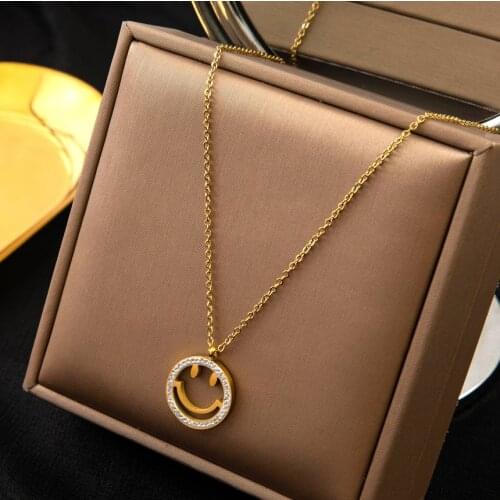 316L Stainless Steel New Fashion Fine Jewelry Densely Embedded Zircon Smiley Charms Chain Choker Necklaces Pendants For Women