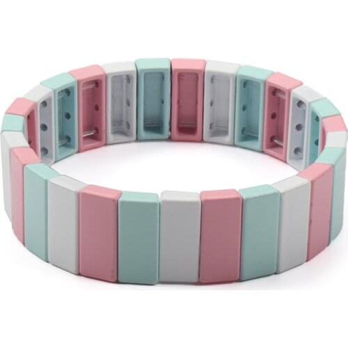 DIY Pink Enamel Tile Bracelet Rainbow Stackable Bracelet Valentines day Women Gift Jewelry Metal Wrist Bracelet