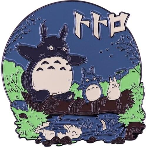 Totoro Family Enamel Pin Cute Big Cat Animal go across the river Brooch Kitty in the forest Accessory