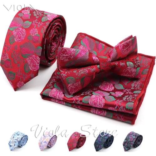 Floral Jacquard Blue Red Purple 6cm Necktie Sets Men Bow Tie Pocket Square Butterfly Wedding Handkerchief Cravat Gift Accessory