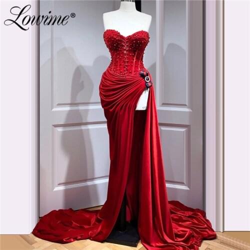 Hot Sexy High Split Side Party Dress Burgundy Saudi Arabic Custom Beaded Long Prom Dresses Kaftans African Evening Gowns 2020