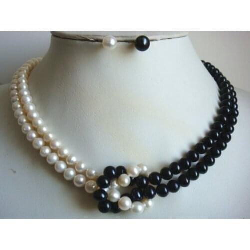 Real Pearl Jewelry Set,White Black Color 2Rows AA 7-8MM Round Pearl Necklace Earrings,New Free Shipping