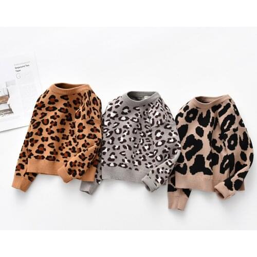 Fashion Winter Warm Toddler Infant Kids Baby Girls Boys Round Neck Long Sleeve Leopard Printed Knit Pullover Sweater Tops#g4
