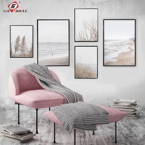 Boho Coastal Beach Wall Art Posters Pampas Grass Pictures Print Canvas Paintings Modern Simple Neutral Living Room Home Decor
