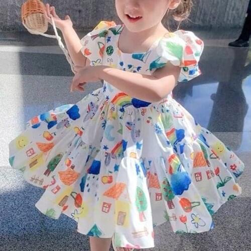 EACHIN Girls Dresses Fashion Baby Kids Girl Puff Sleeve A-Line Printed Princess Dress Children Casual Beach Dresses