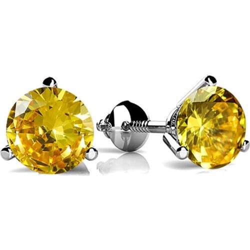 Yellow Topaz Round Lab Citrine Screw Back Earrings For Women Engagement Jewelry 925 Sterling Silver Crystal Zircon Stud Earrings