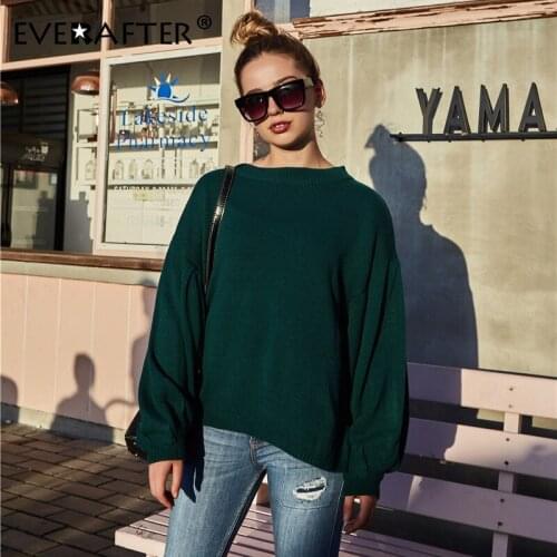 EVERAFTER Vintage solid knitted sweater women Autumn winter jumper O-neck lantern sleeve loose soft warm female pullover sweater