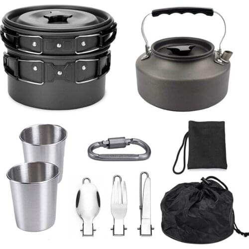 Outdoor Teapots Pans Stainless Steel Cups And Cutlery Combinations Picnic And Camping Folding Cookers Meal Knives Forks Spoons