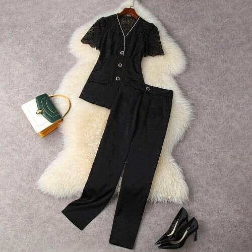 European and American womens wear for summer 2021 Short sleeved v-neck lace shirt Nine minutes of pants Fashion suits