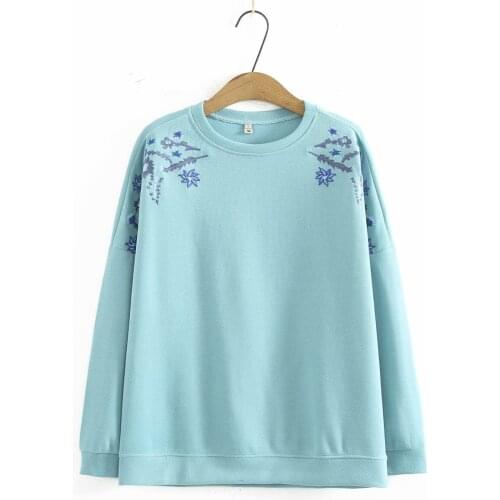 Plus size o-neck embroidery Drop-shoulder sleeves Womens Sweatshirts 2021 solid color spring autum pullover Woman clothes