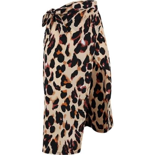 Women Sexy Belted High Waist Midi Long Wrap Skirt Boho Vintage Leopard Print Asymmetric Split Summer Cocktail Party Pencil Dress