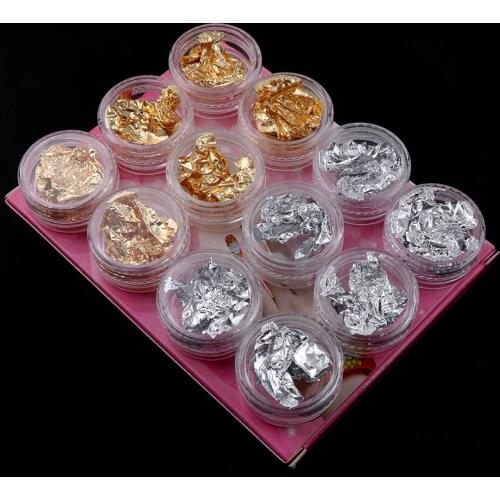 12 Pcs/Set Nail Art Gold Silver Paillette Flake Chip Foil Kit Acrylic Gel Polish Tips 3D Design Sticker Manicure