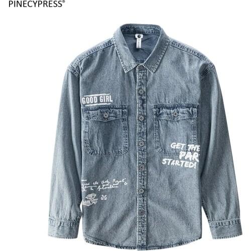 97% Cotton 3% Viscose Man Denim Shirt Spring Autumn Long Sleeve Male Vintage Fashion Letters Pockets Men Jean Cowboy Shirts
