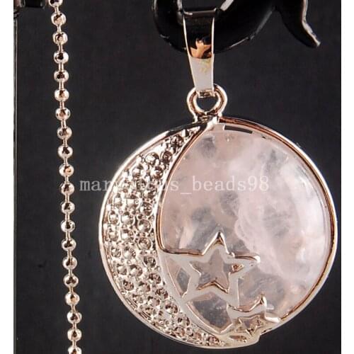 Free shipping Fashion Jewelry 24mm Pink Crystal Round Star Half Moon Pendant Necklace With chain MC3917