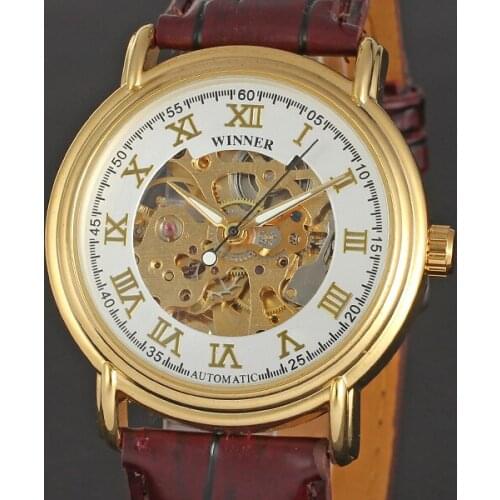 WINNER Business Charming Watches Alloy Golden Scale Hollow Mechanical Self Wind Unisex Luxury Leather Strap Watch Hot Sale