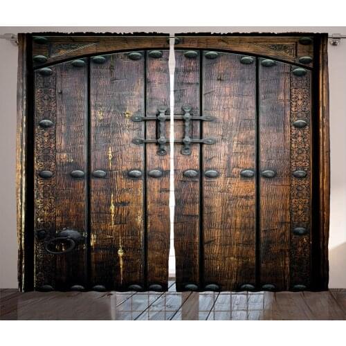 Rustic Window Curtains Wooden Door Historical Vintage Medieval Print Living Room Bedroom Decor Window Curtain