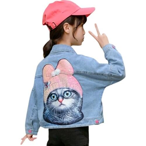 Girls Denim Jacket Coat Cartoon Girl Coat Sequin Childrens' Jacket Spring Autumn Childrens Clothing 6 8 10 12 14