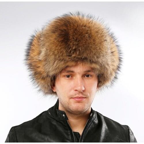 Real Raccoon Fur hat Bomber Hats Raccoon Fur Hats Women Men Warm Genuine Fur Female Brown Natural Fur Unisex Russian Bomber