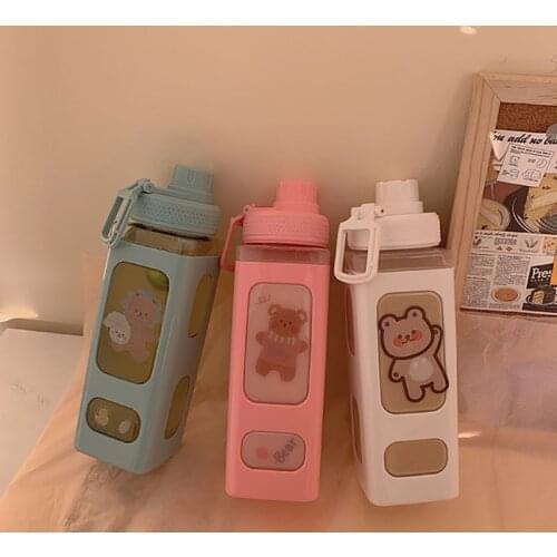 Square Bear Cup Water Bottle With Straw Sport Plastic Portable Square Drinking Bottle For Girl Cute Juice Tea Water Cups 500ml
