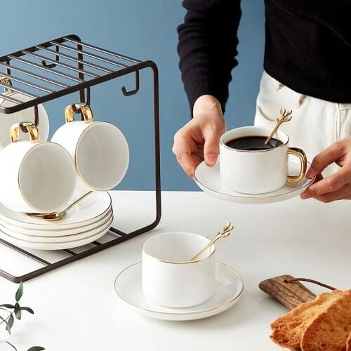 INS Fashion Ceramic Coffee Mug Luxury Porcelain Gold Handle White Pink Green Cup and Saucer Spoon Set