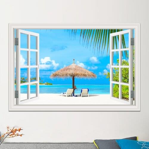 Wall Decor 3D Window Sticker Bedroom For Wall Vinyl Decal Art Beach Landscape Living Room Home Decorative Poster Picture