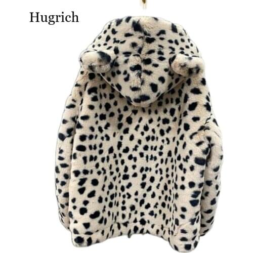 New Leopard Womens Faux Fur Hooded Coat Loose Winter Outwear Bear Ears Hood Furry Fur Thick