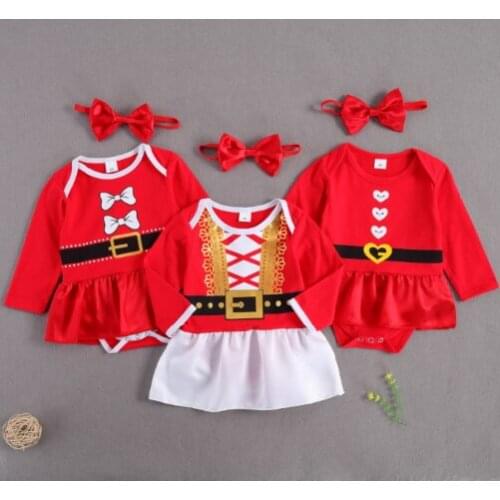 Newborn Baby Girl Christmas Print Cute Outfits Infant Long Sleeve Bodysuit Dress + Headband Bowknot Xmas Clothes Set 0-18 Months