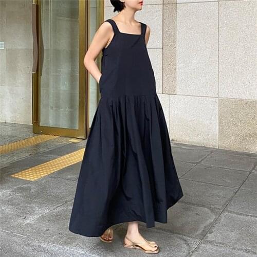 FairyNatural Korean Sleeveless Tank Dresses For Women New Loose Casaul Pockets Ladies 2021 Summer Dress Black