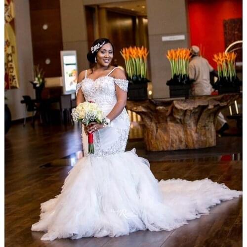 Plus Size 2021 Mermaid Wedding Dresses with Crystal Pearls Ruffle Long Train Spaghetti Straps African Bridal Wedding Gowns