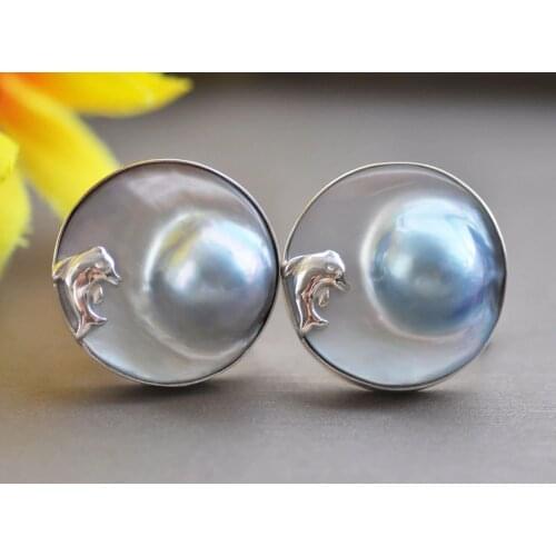 Z11032 HUGE REAL 23mm GRAY SOUTH SEA MABE PEARL 925SILVER DOIPHIN EARRING