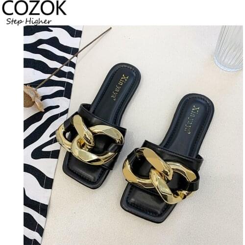 2021 New Summer Woman Slippers Metal Chain Fashion Slippers Leather Flat Square Toe Slides Casual Outdoor Ladies Slip On Slides